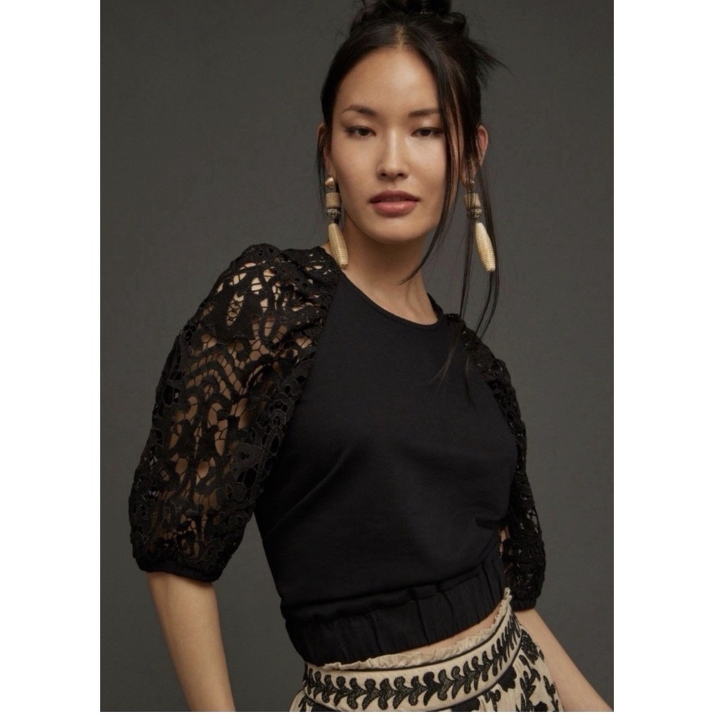 Dolan Anthropologie Black Blouse Lace Puff Sleeve‎ Keyhole Neck Size Small